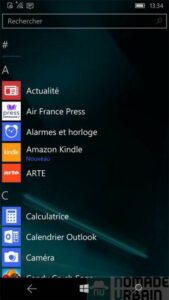 Test Lumia 950 capture d'écran liste des apps