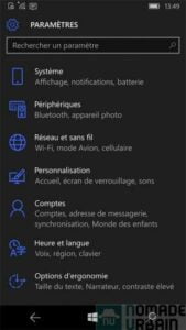 Test Lumia 950 capture d'écran parametres