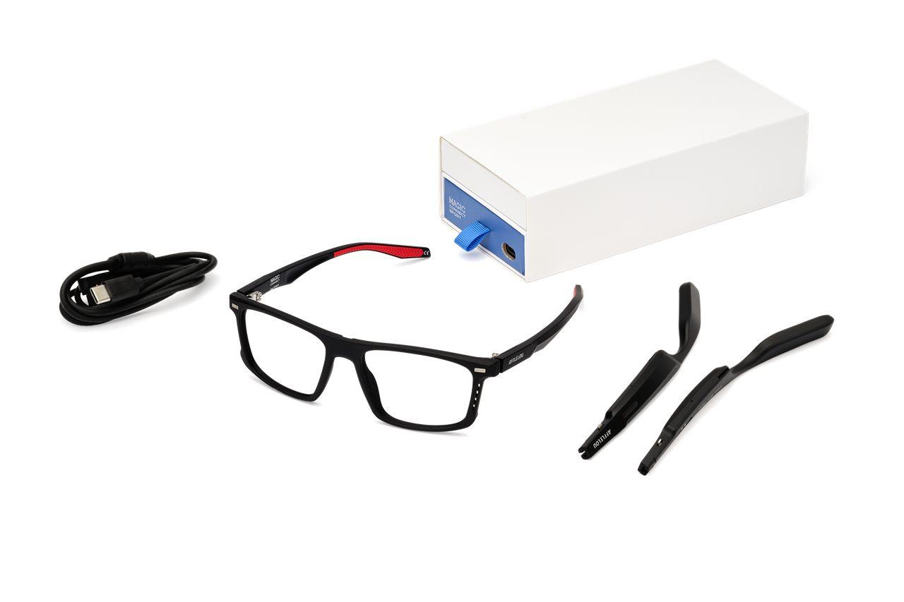 Modèle sport Afflelou Magic Connect avec ses branches, un câble USB-C et son boîtier