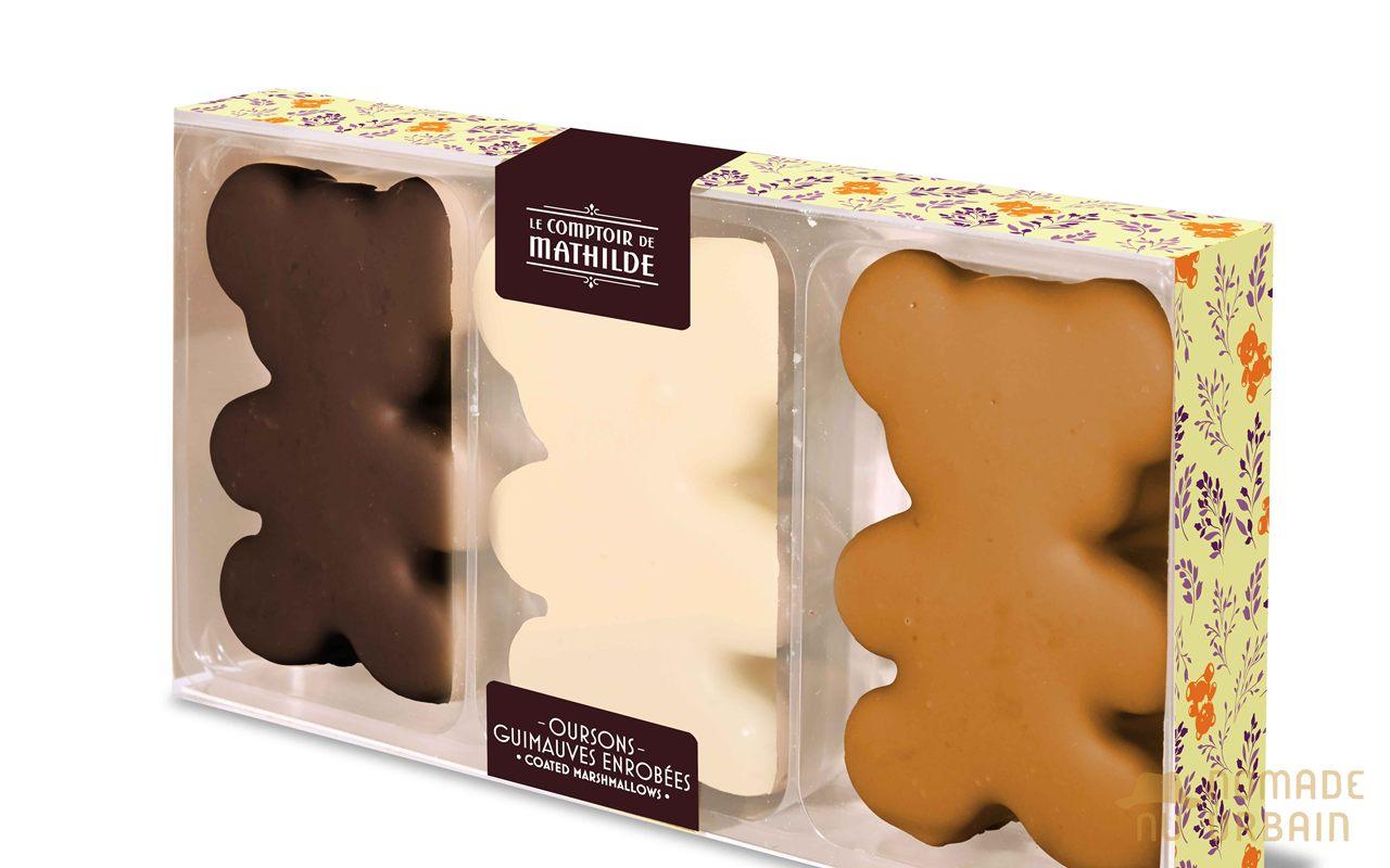 Coffret de 3 oursons guimauve enrobés de chocolat noir, blanc et caramel