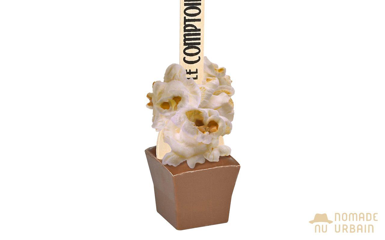 Carré de chocolat chaud Hotchoc garni de pop-corn du Comptoir de Mathilde
