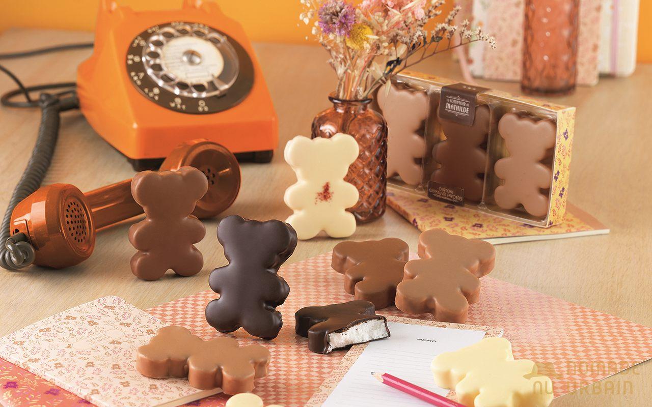 Assortiment d'oursons guimauve enrobes de chocolat du Comptoir de Mathilde