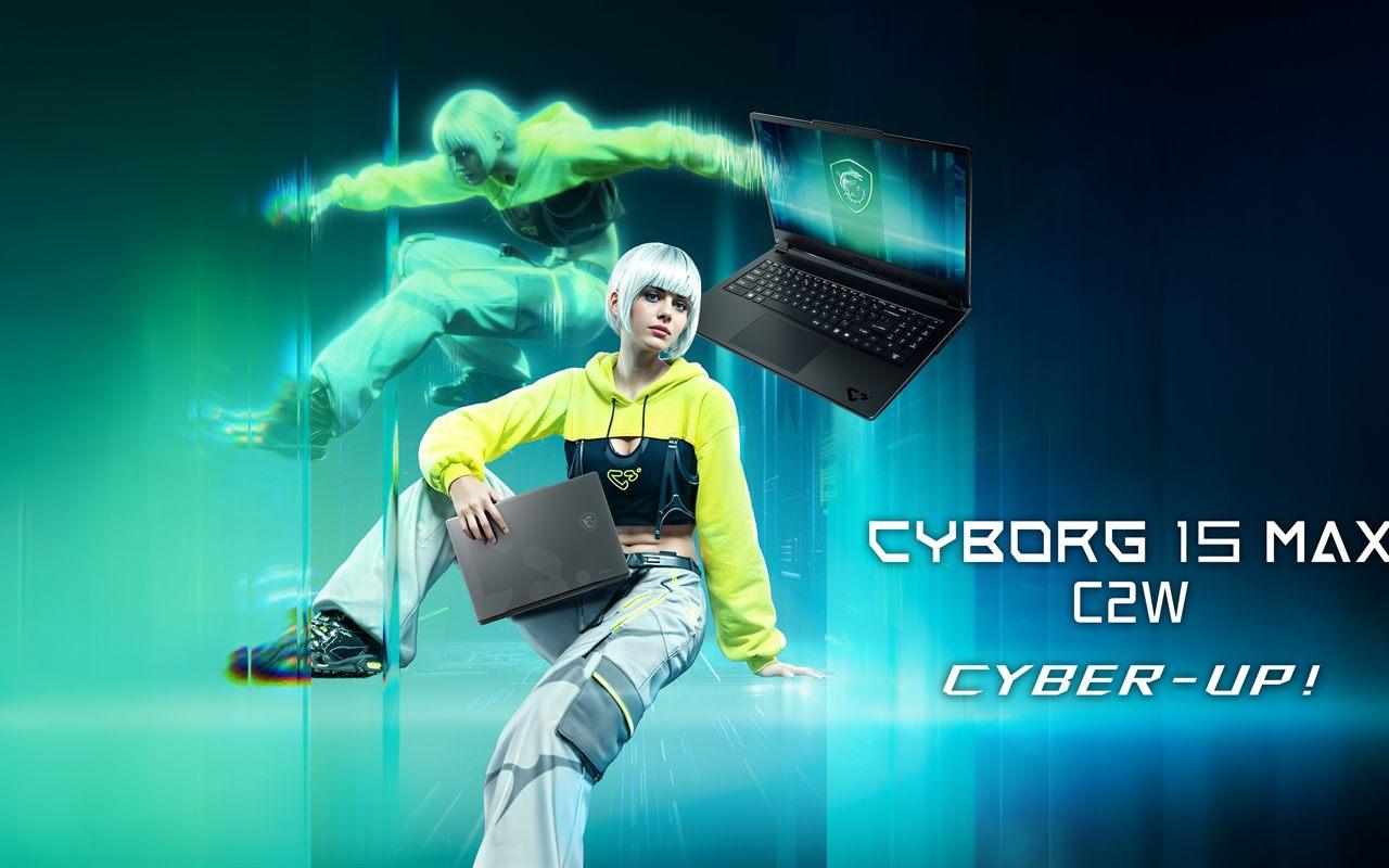 Une joueuse en tenue cyberpunk tient le MSI Cyborg 15 Max
