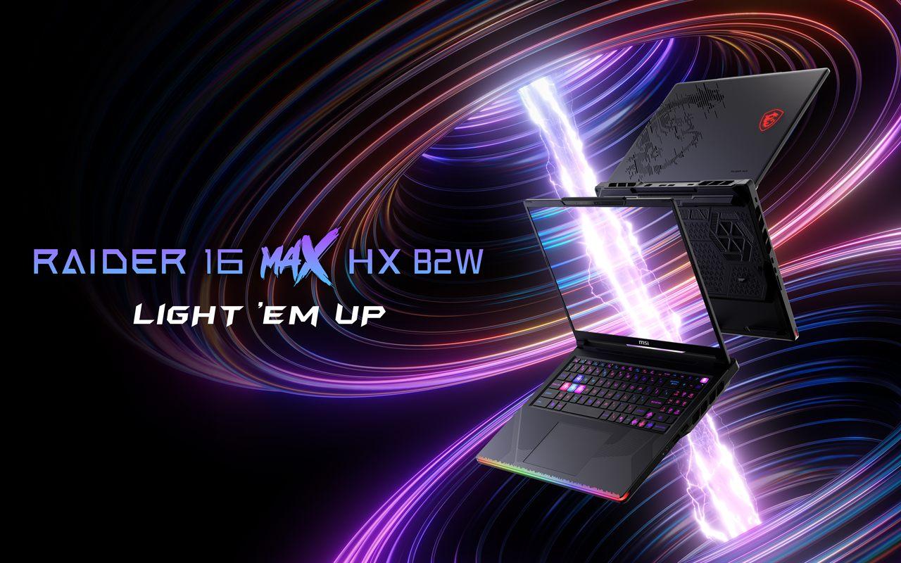 PC portable gaming MSI Raider 16 Max au rétroéclairage RGB sur fond d'éclairs