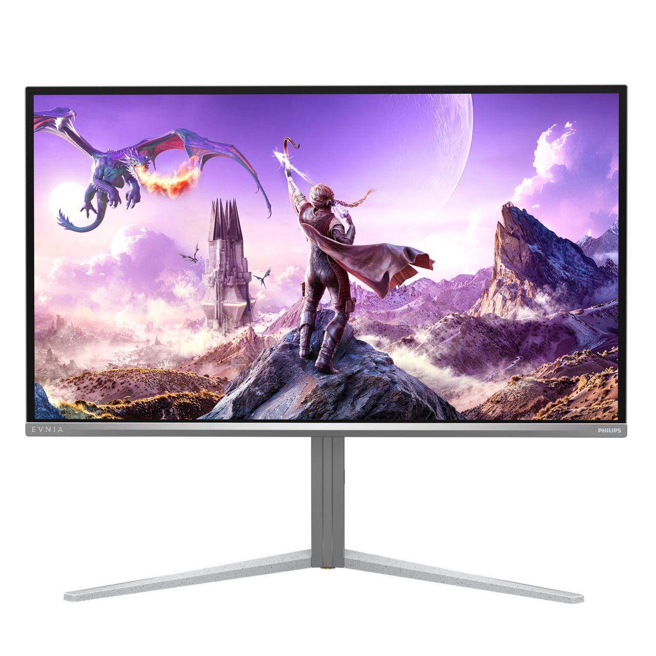 Écran Philips Evnia 32M2N6901A de face avec une scène de jeu en 4K