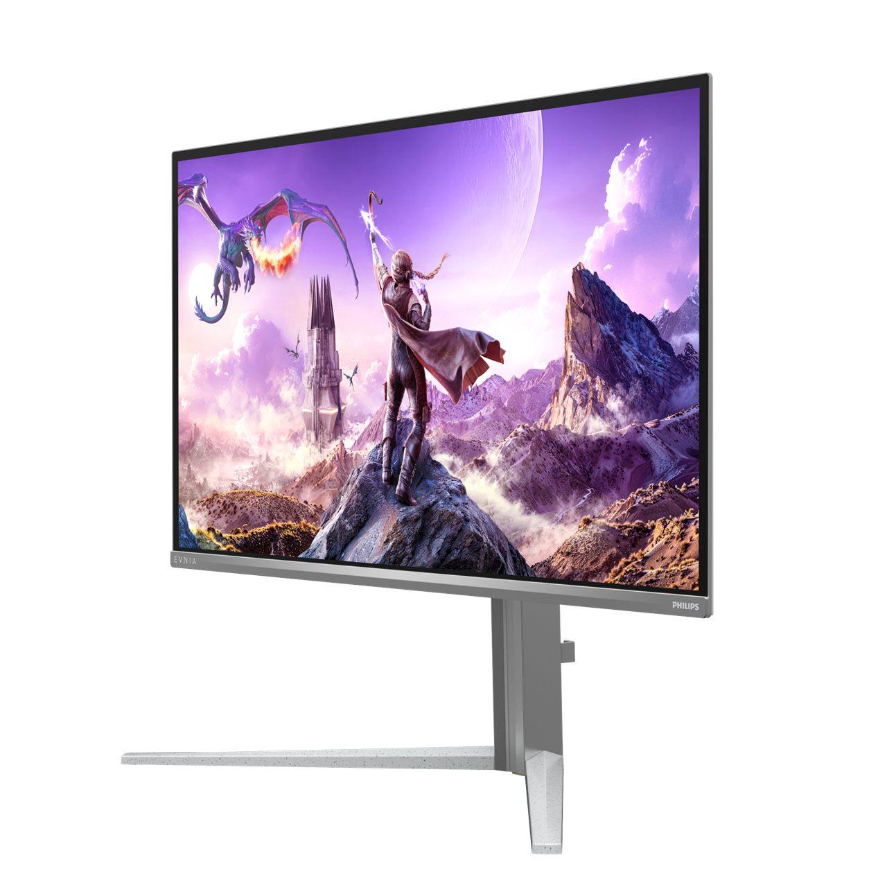 Moniteur Philips Evnia 32M2N6901A vu de trois-quarts avec son pied Compact Ergo Base
