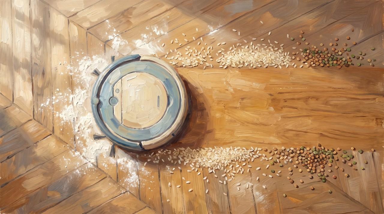 Aspirateur robot laissant une traînée propre à travers farine, riz et lentilles, peinture impressionniste