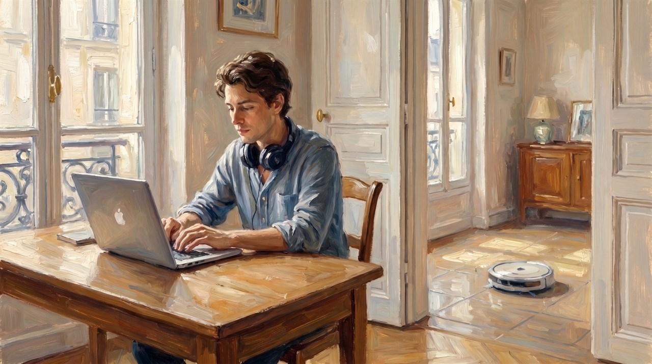 Homme en télétravail au casque pendant qu'un aspirateur robot tourne dans la pièce voisine, peinture impressionniste
