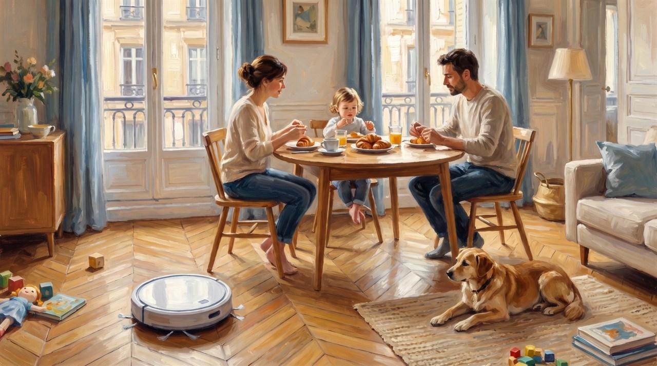 Famille au petit-déjeuner pendant qu'un aspirateur robot nettoie le parquet, peinture impressionniste