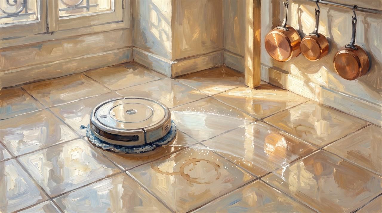 Aspirateur robot lavant un carrelage et effaçant une tache de café, peinture impressionniste