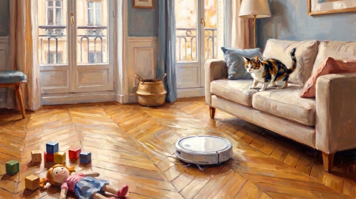Protocole de test aspirateur robot : un robot traverse un salon familial baigné de lumière, peinture impressionniste