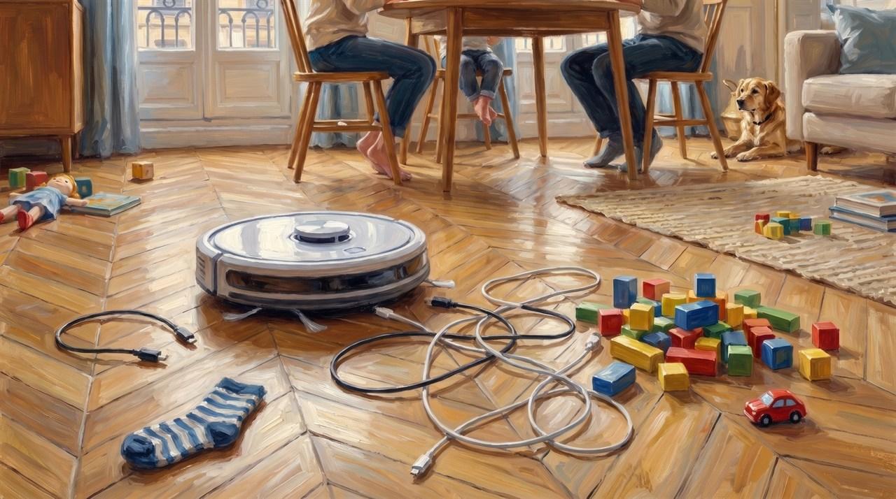Aspirateur robot face à des câbles, une chaussette et des jouets sur un parquet, peinture impressionniste