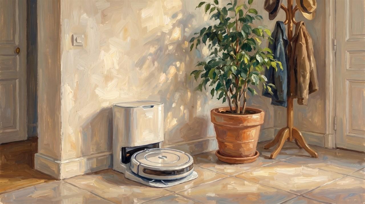 Station de vidange d'un aspirateur robot posée dans une entrée, peinture impressionniste