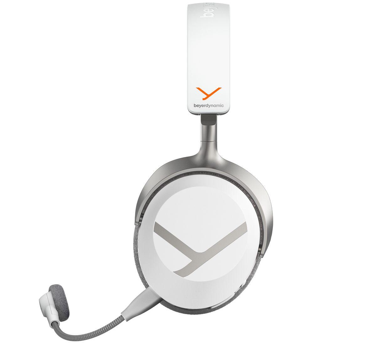 Casque beyerdynamic MMX 100 sans fil Blanc Arctique de profil, coque fermée