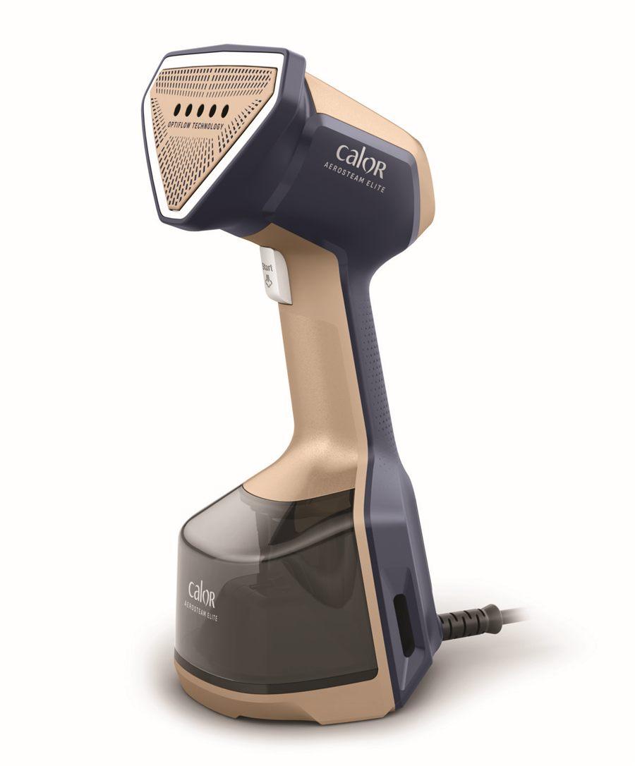 Defroisseur Calor AeroSteam Elite bleu nuit et beige pose sur son socle reservoir