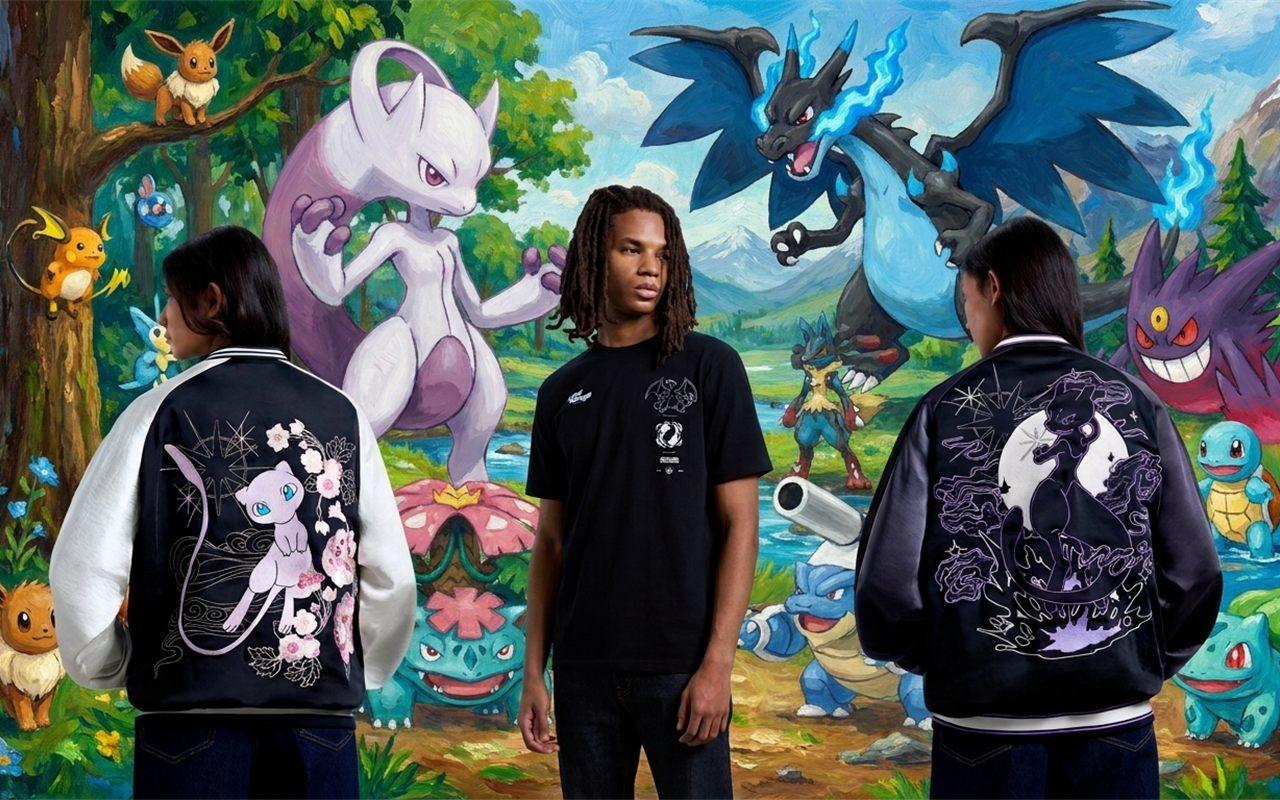 Les collections celio x Pokémon devant une fresque peinte, vestes brodées Mew et Mewtwo