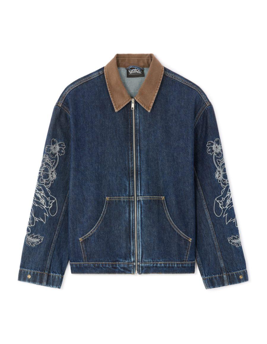 Veste en jean bleu brodée Méga-Lucario, col contrasté et boutons dorés