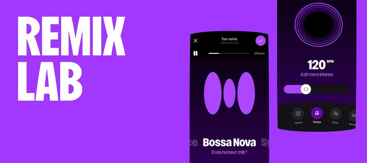 L'ecran Remix Lab de l'application Deezer avec les reglages de genre et de tempo