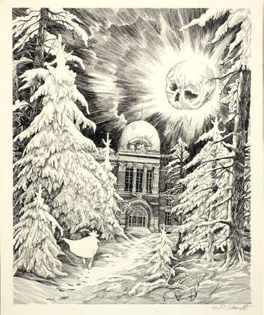 Illustration de Daria Schmitt montrant la Grande Galerie de l'Evolution sous la neige