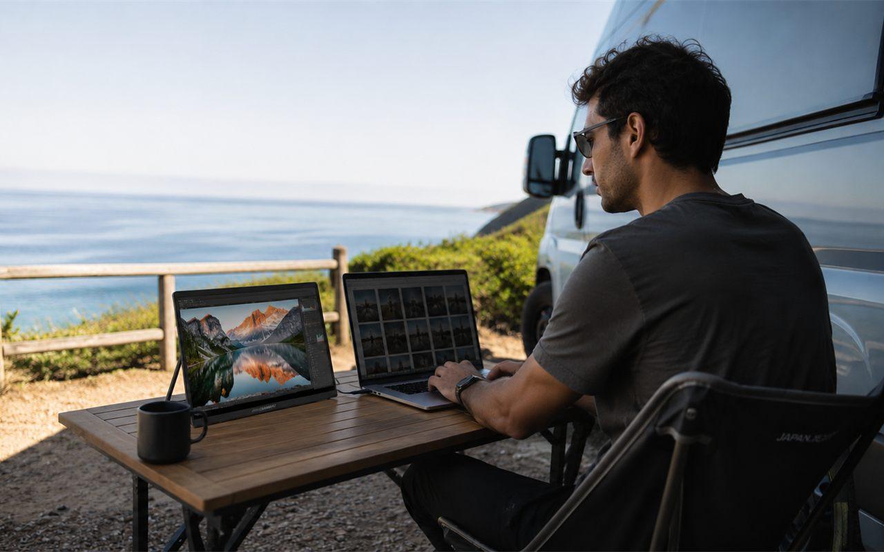 Ecran portable Japannext branche a un ordinateur portable sur une table face a la mer