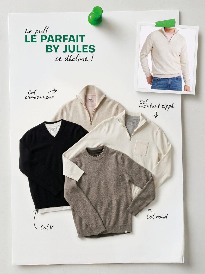 Les quatre cols du pull Le Parfait by Jules, camionneur, montant zippe, V et rond