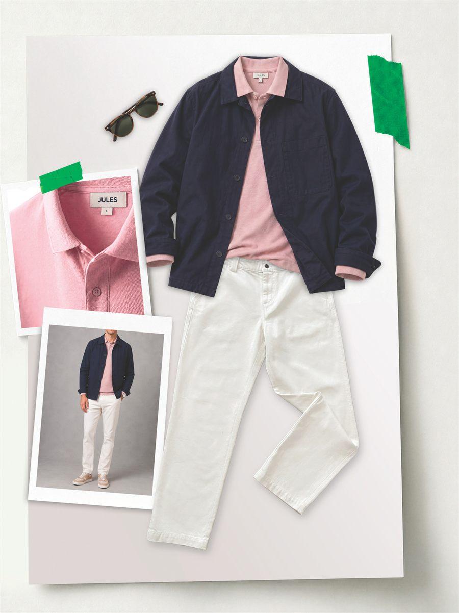 Surchemise bleu marine, polo rose et pantalon blanc de la collection Jules