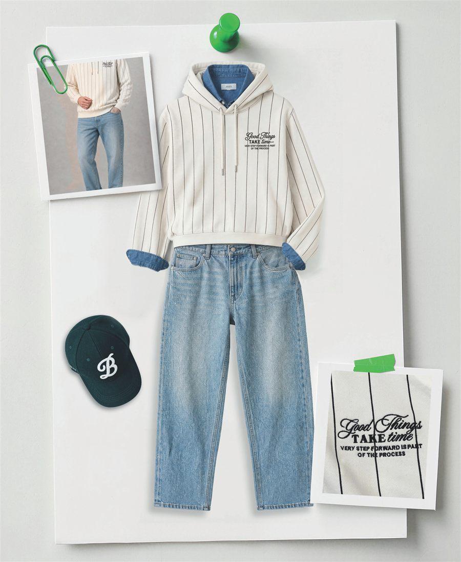 Sweat a capuche raye, jean loose et casquette de la collection Jules Rush Tranquille
