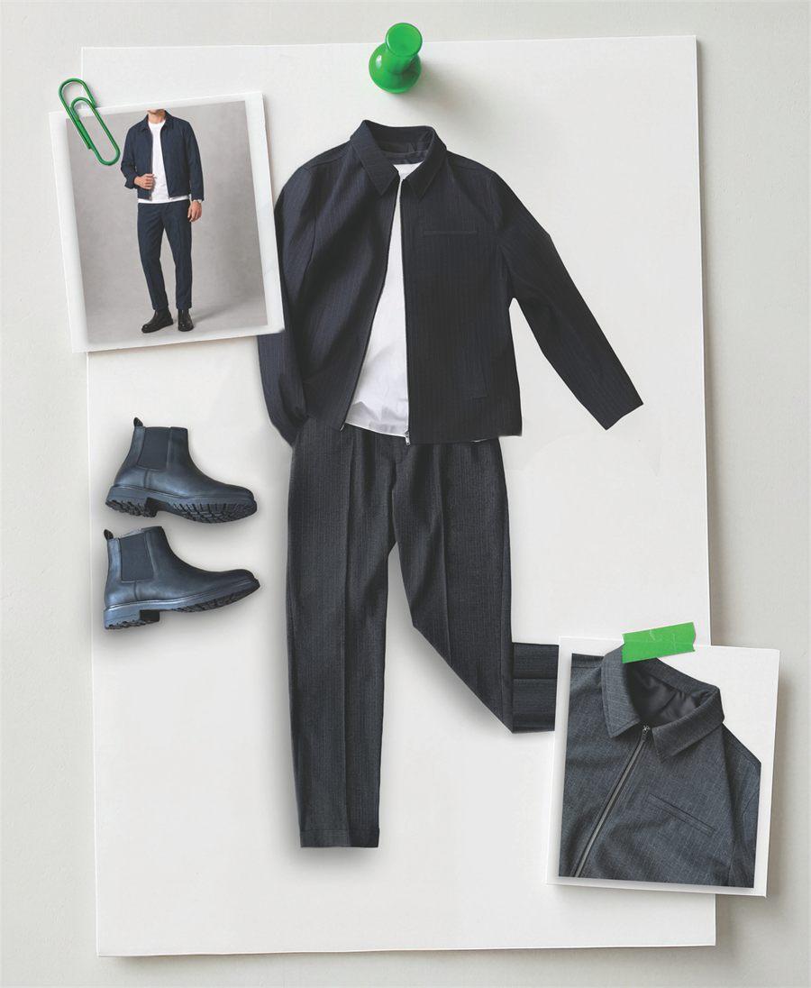 Veste et pantalon a fines rayures avec Chelsea boots noires, collection Jules