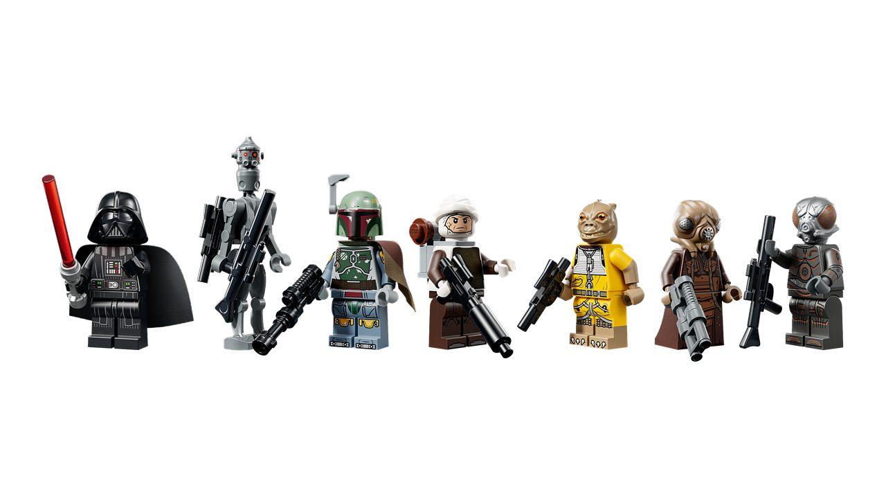 Les sept Minifigures du set LEGO Star Wars Executor alignees