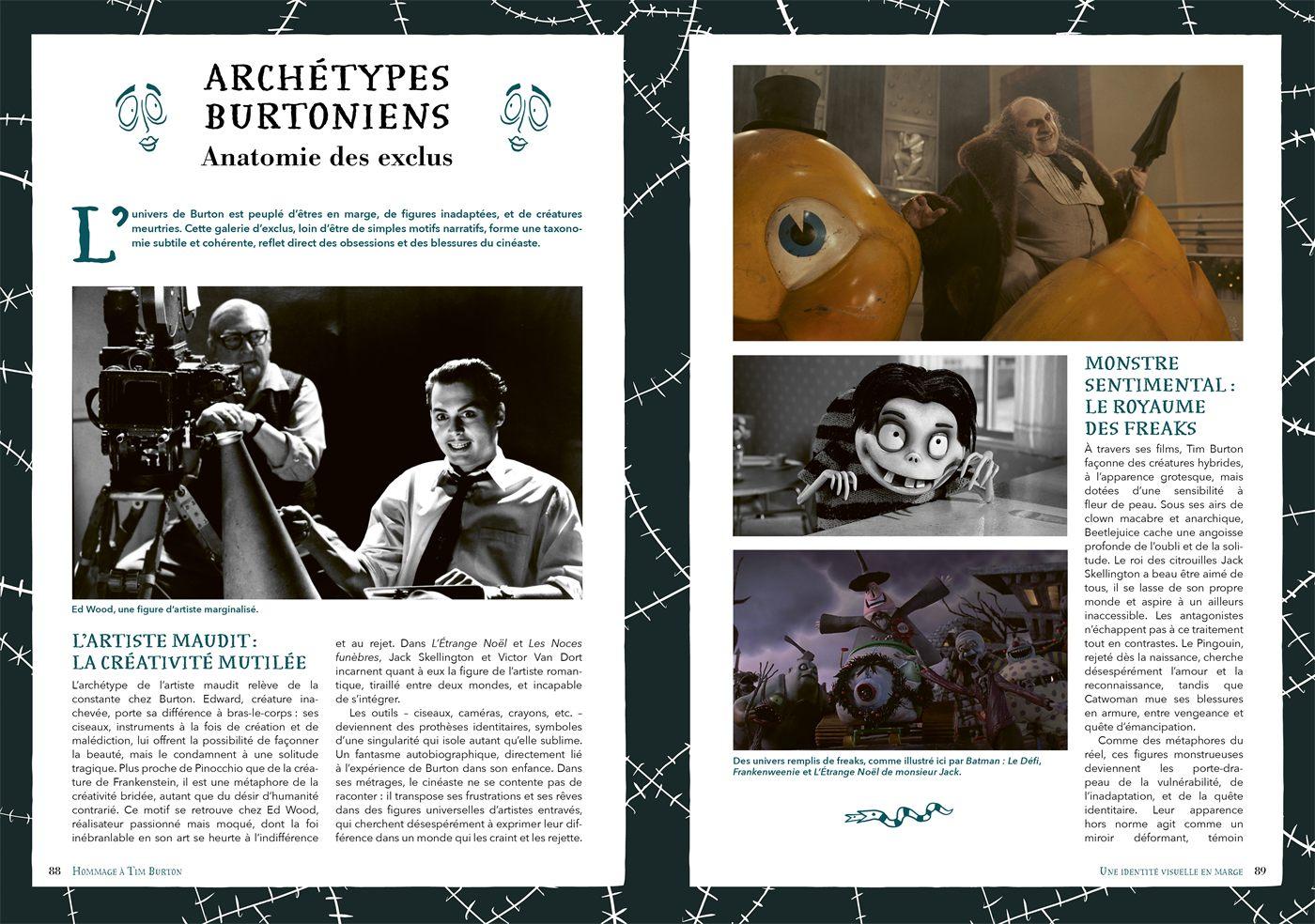 Double page sur les archetypes burtoniens, de l'artiste maudit au monstre sentimental