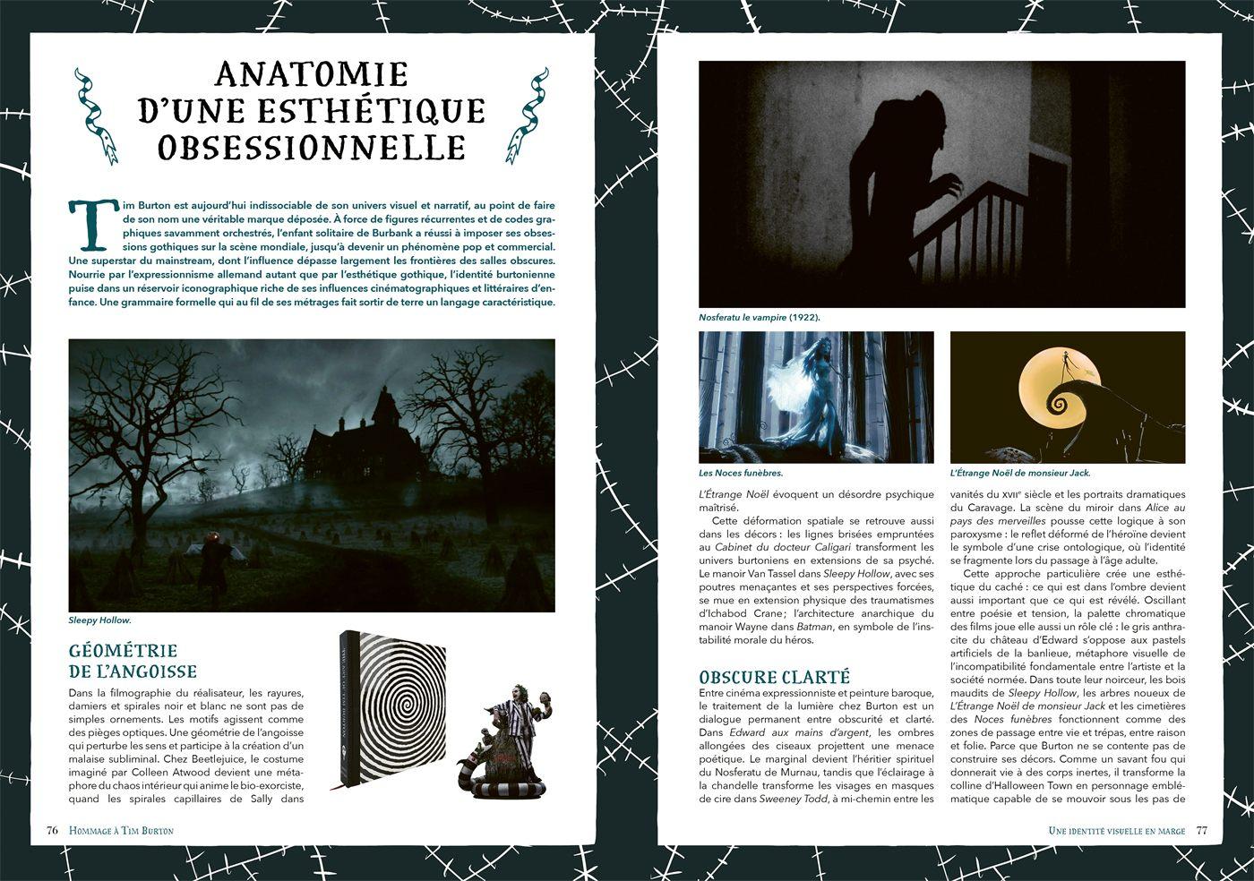 Double page du livre Hommage a Tim Burton sur les motifs et la lumiere du cineaste