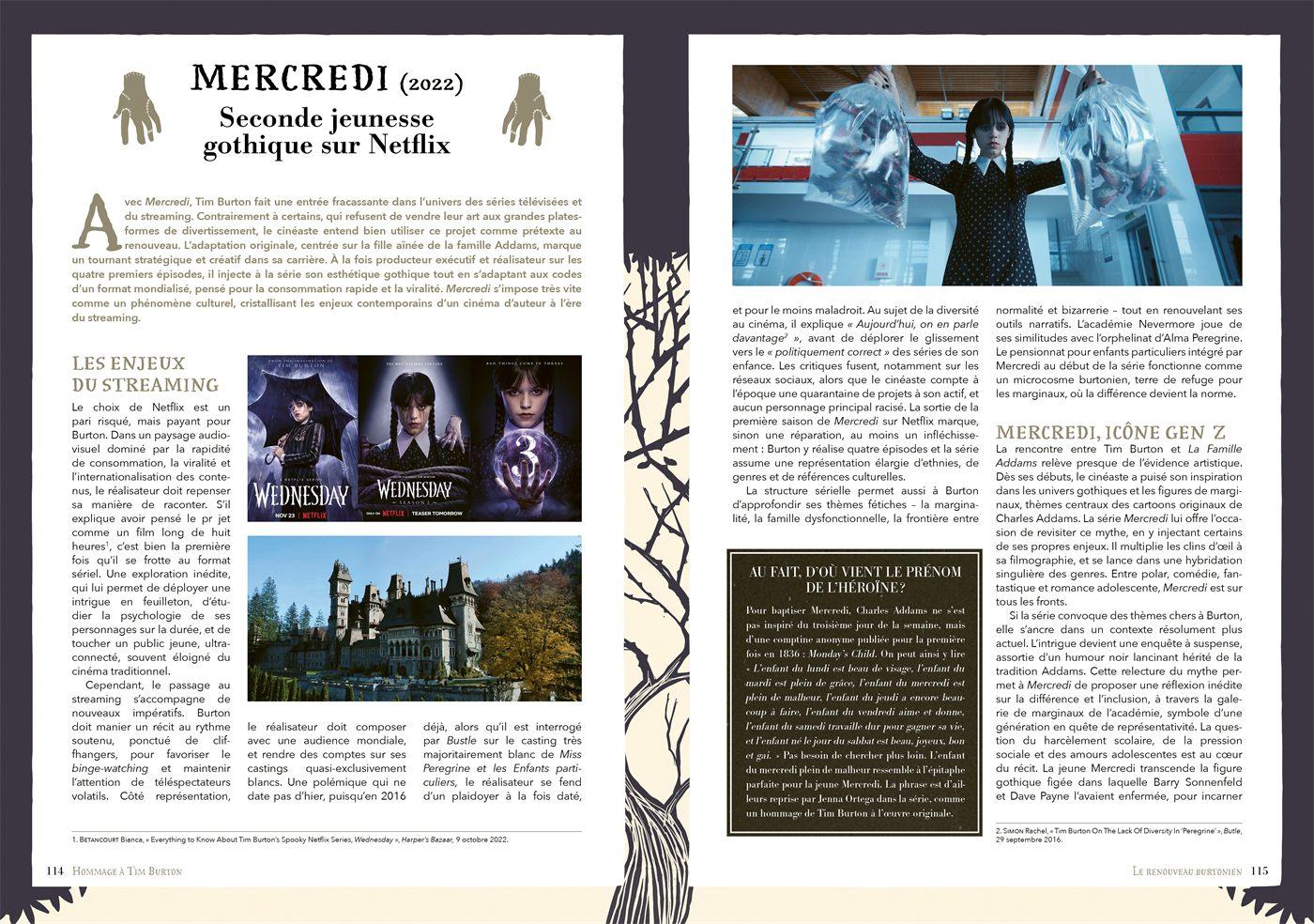 Double page sur Mercredi, la serie Netflix realisee en partie par Tim Burton