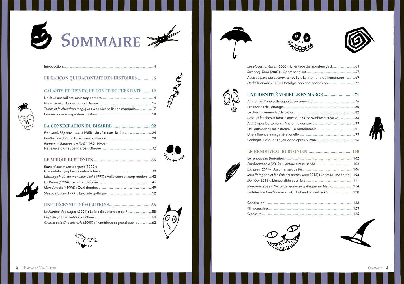 Le sommaire du livre Hommage a Tim Burton, reparti en sept grandes parties