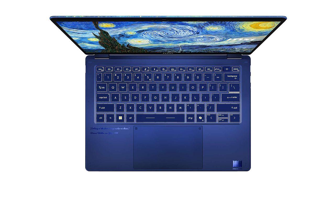 Clavier et pave tactile bleu cobalt du MSI Prestige 14 Flip Van Gogh vus de dessus