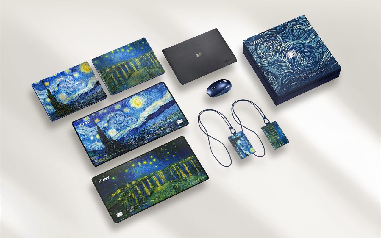 Coffret MSI Prestige 14 Flip Van Gogh avec souris, tapis, housse, badges et boite decoree
