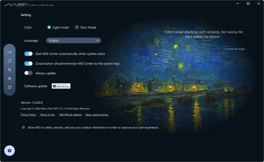 Le logiciel MSI Center habille aux couleurs de La Nuit etoilee sur le Rhone