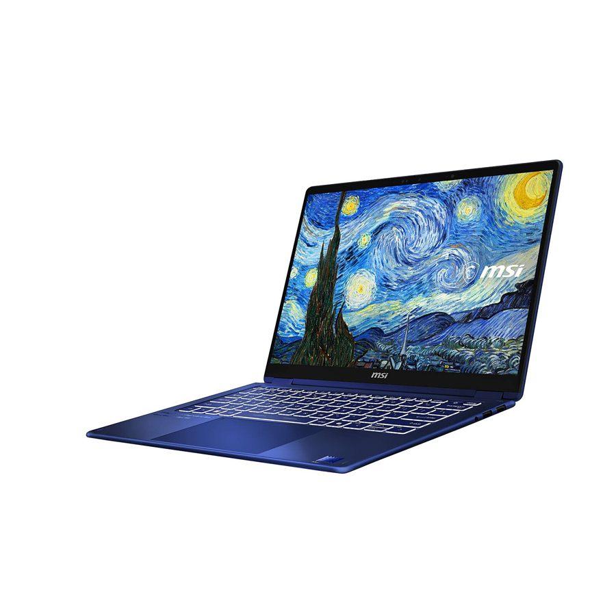 Le MSI Prestige 14 Flip Van Gogh ouvert, vu de trois quarts