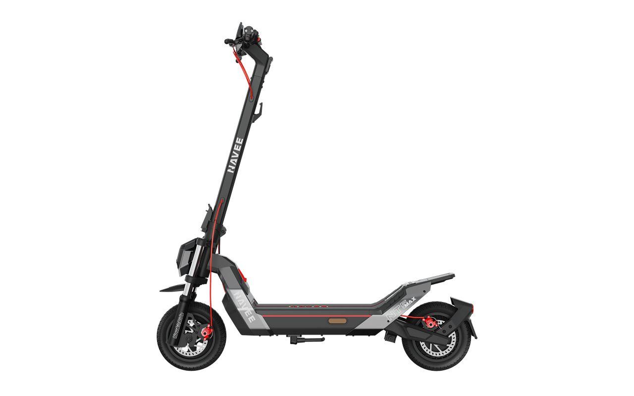 Profil de la NAVEE NT5 Max, fourche à suspension et double disque apparents