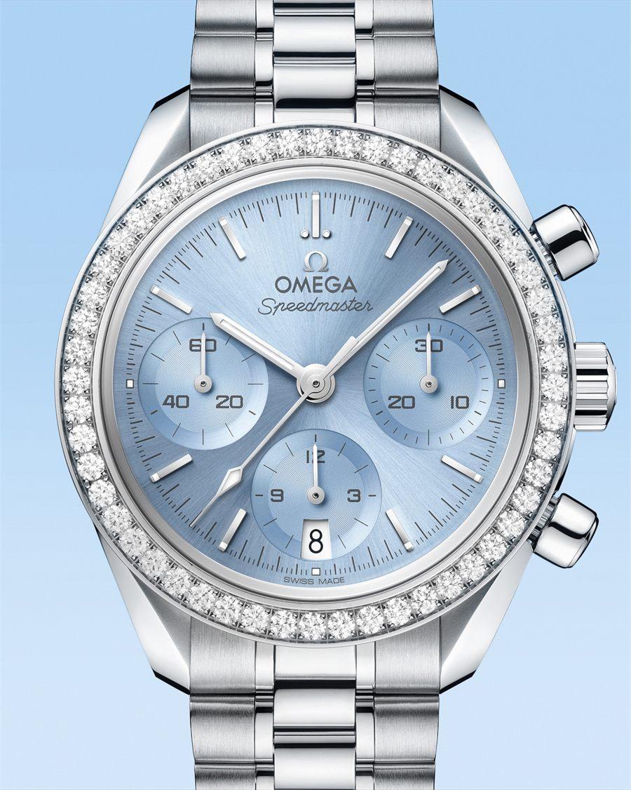 Speedmaster 38 a lunette sertie de diamants et cadran bleu glacier