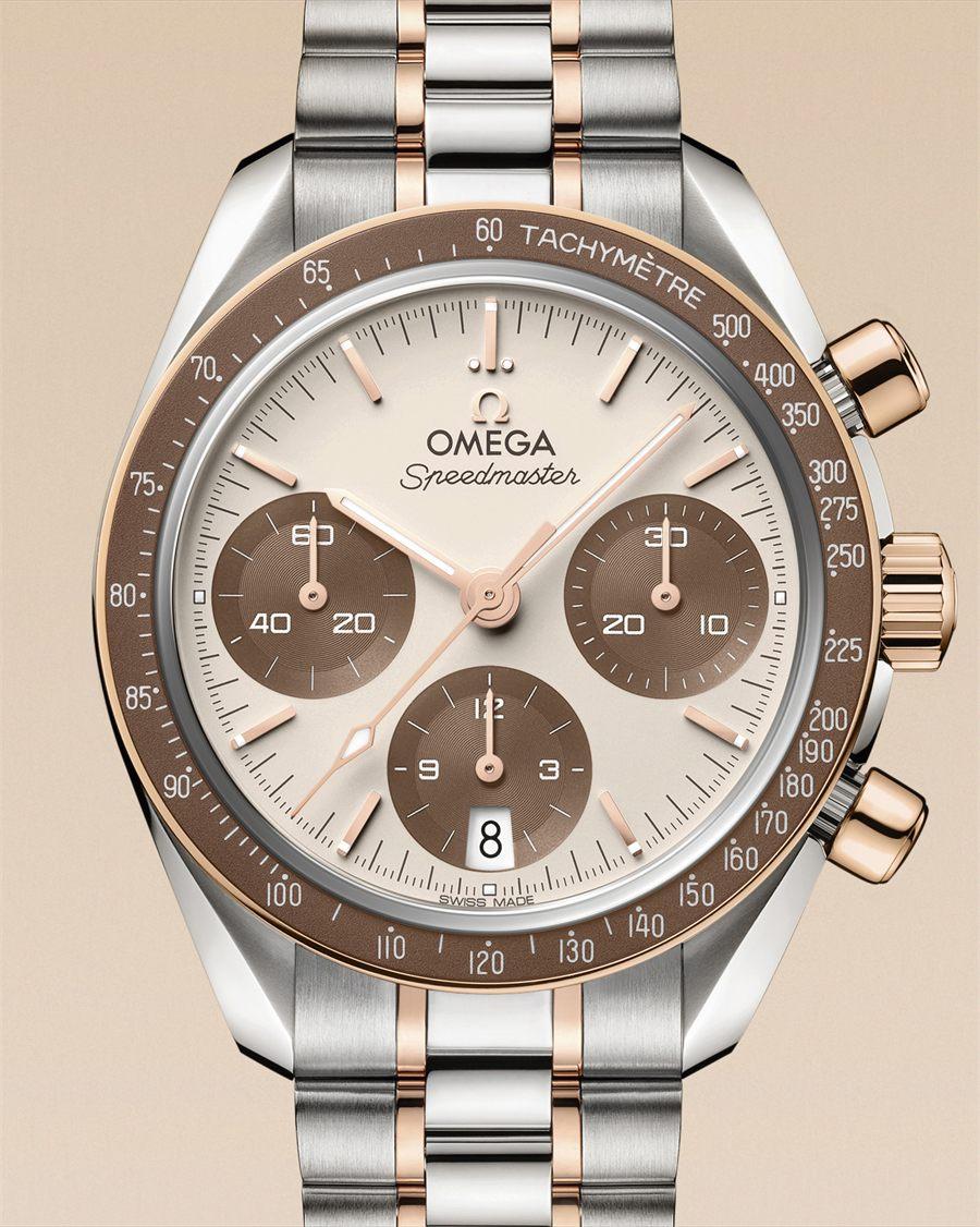 Speedmaster 38 acier et or Sedna, cadran ivoire et compteurs bruns