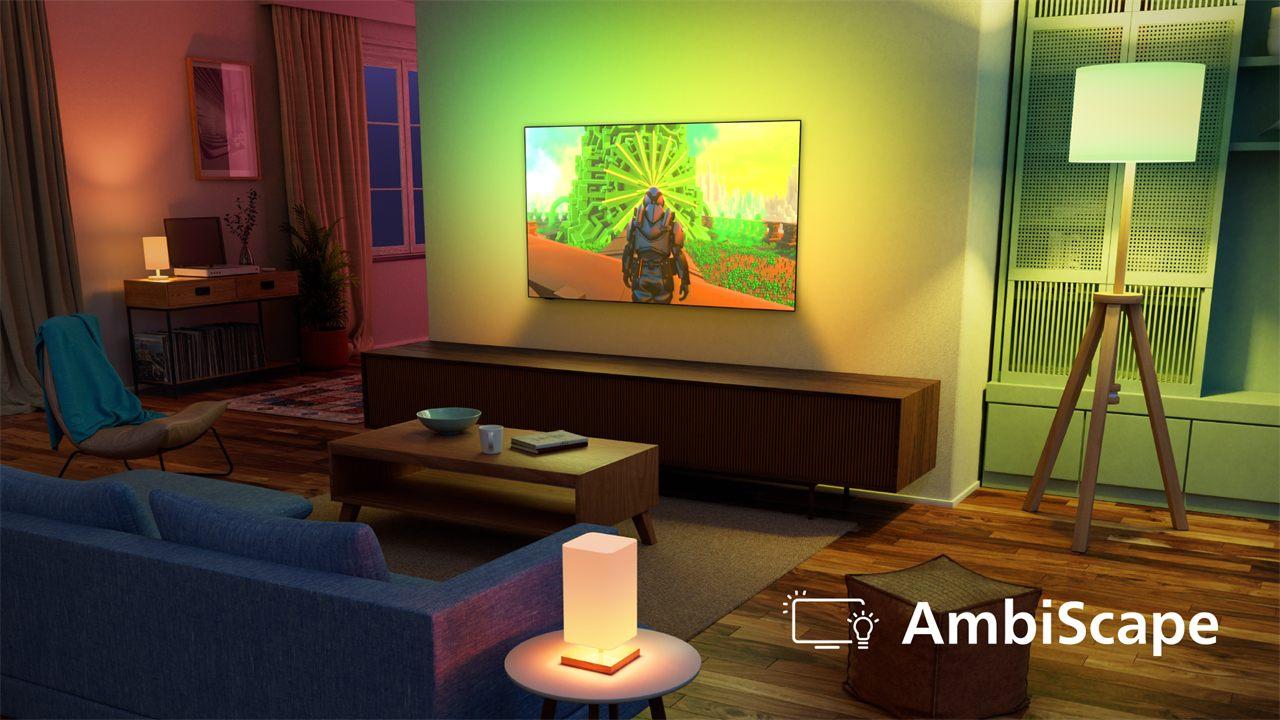 AmbiScape synchronise les lampes connectees du salon avec l'image du televiseur Philips