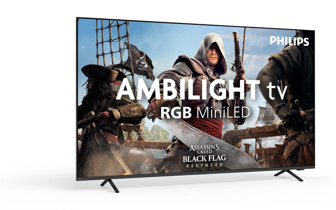 Televiseur Philips MLED981 de trois-quarts, dalle Mini LED RGB de 85 pouces