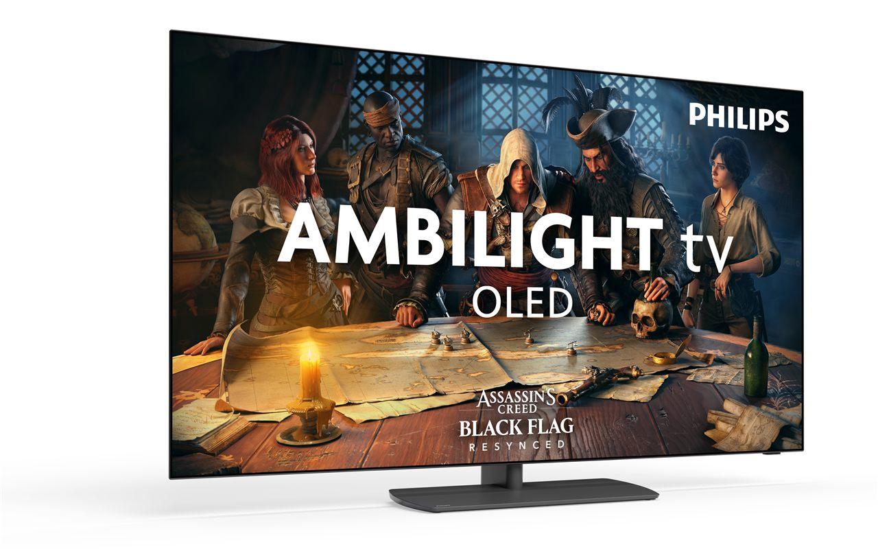 Televiseur Philips OLED811 de trois-quarts, dalle OLED et pied central