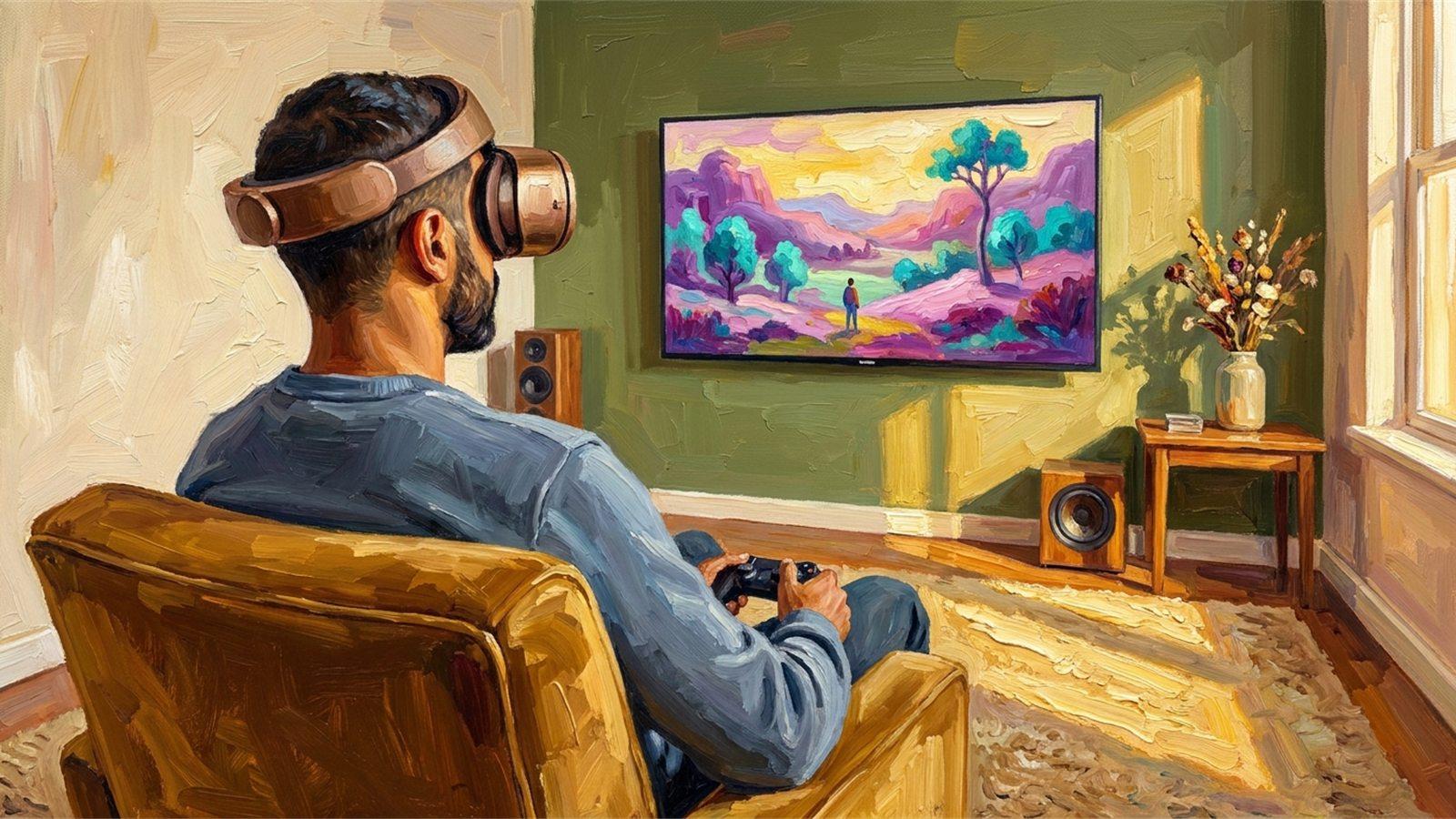 Un joueur casque sur les oreilles contemple un paysage aux couleurs mauves et dorées