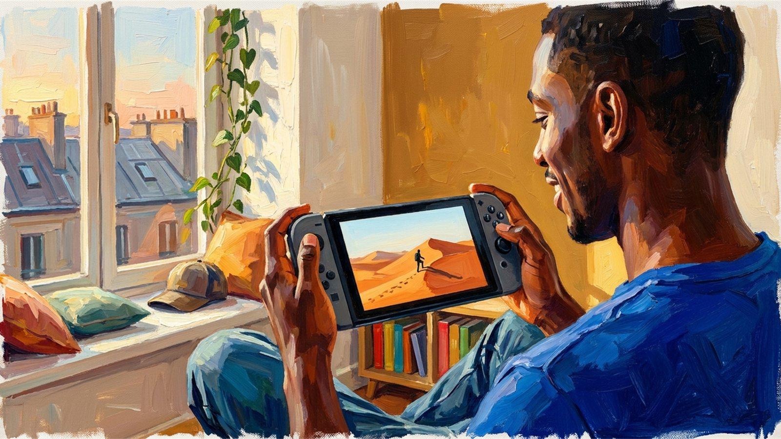Un joueur sur console portable installé au rebord d'une fenêtre en fin d'après-midi