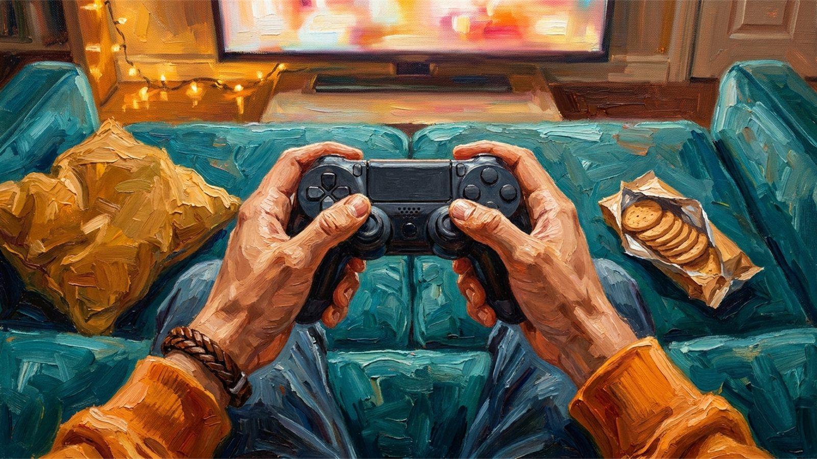Deux mains crispées sur une manette pendant une phase d'action, vues de dessus