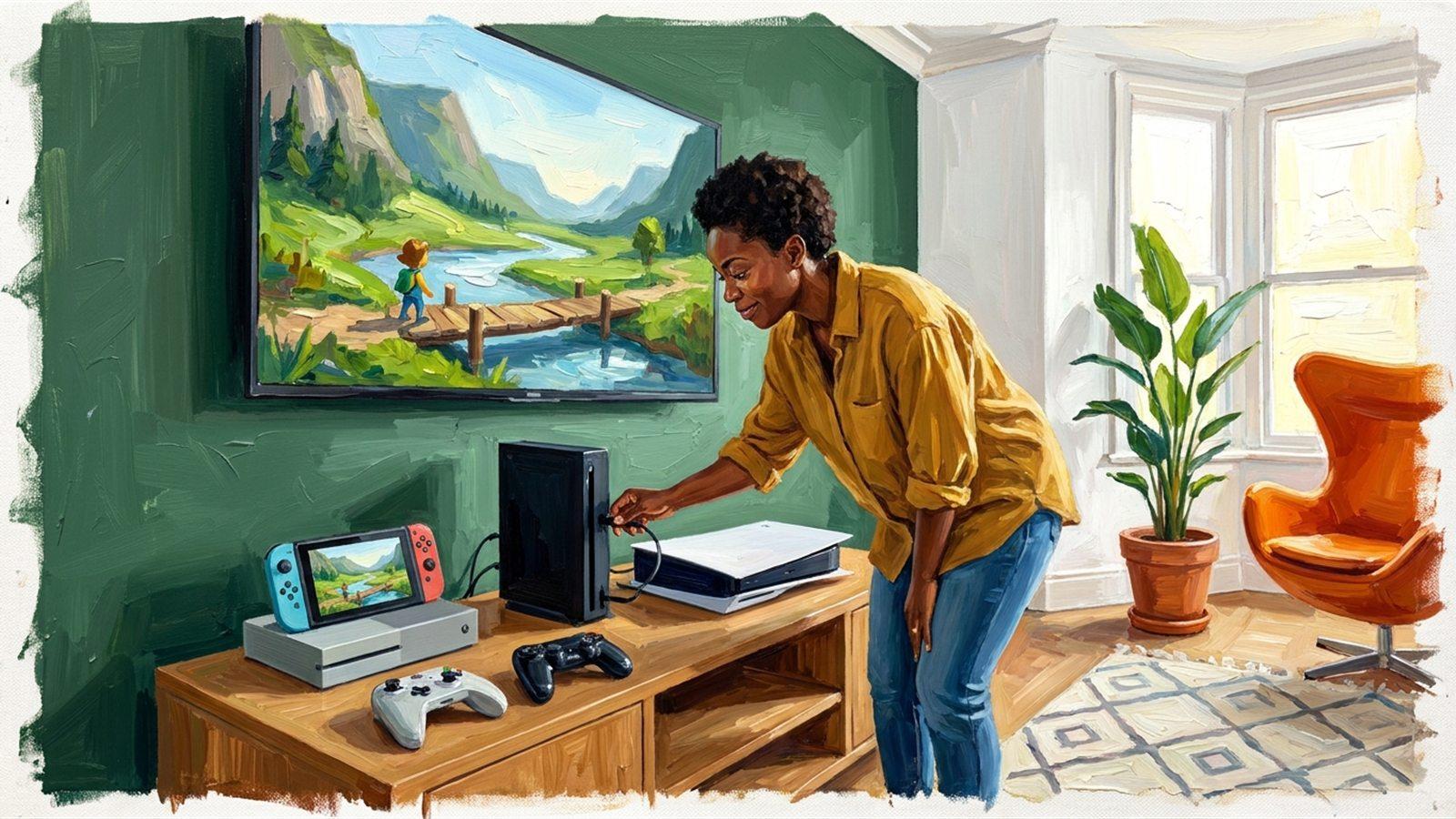 Une testeuse branche un câble derrière trois consoles alignées sous un téléviseur mural