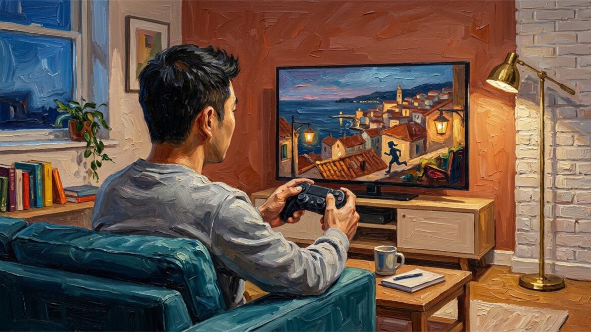 Un joueur manette en main devant son téléviseur, absorbé par une cité côtière au crépuscule