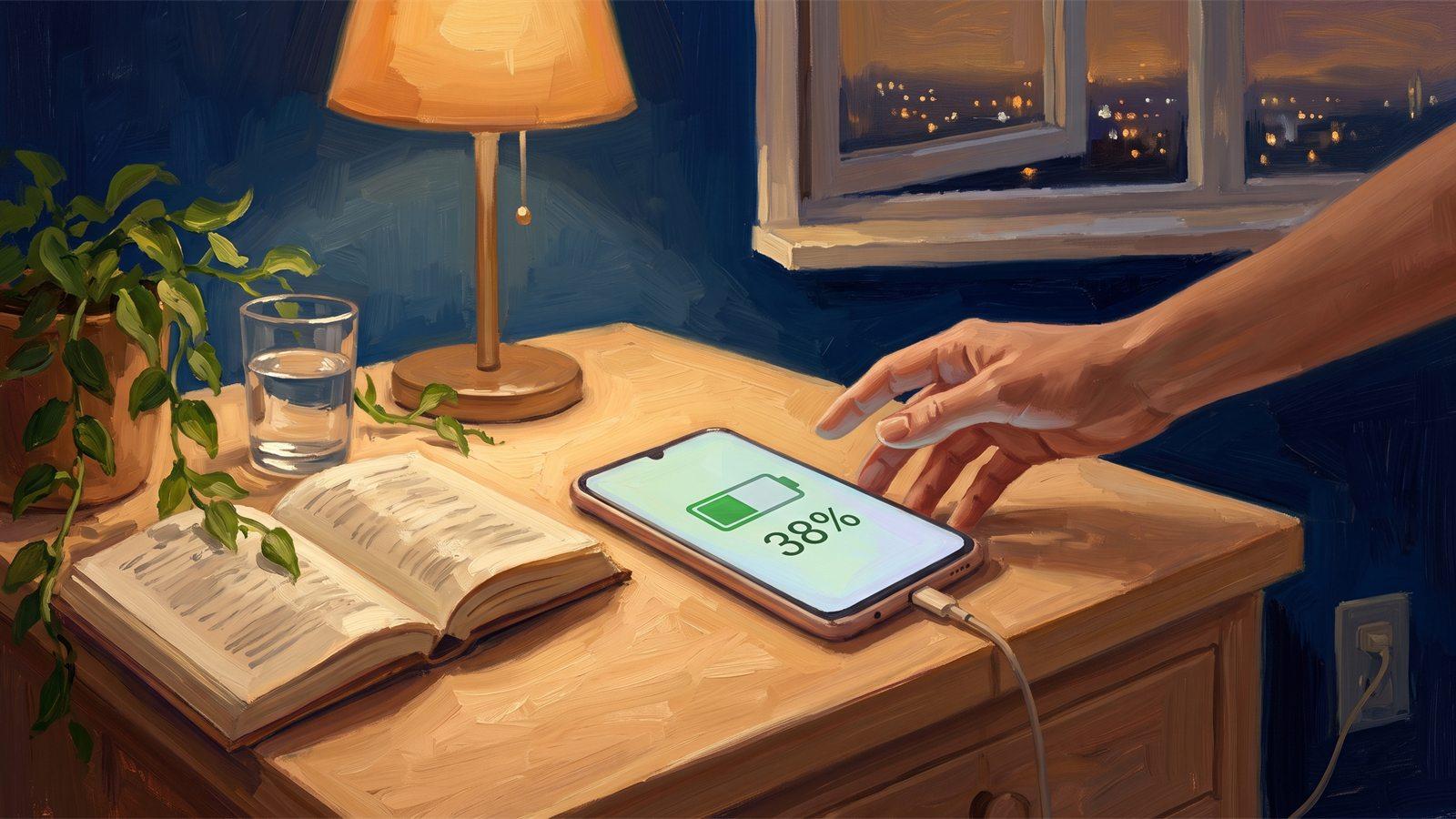 Une main repose un smartphone en charge sur la table de chevet, en fin de soirée