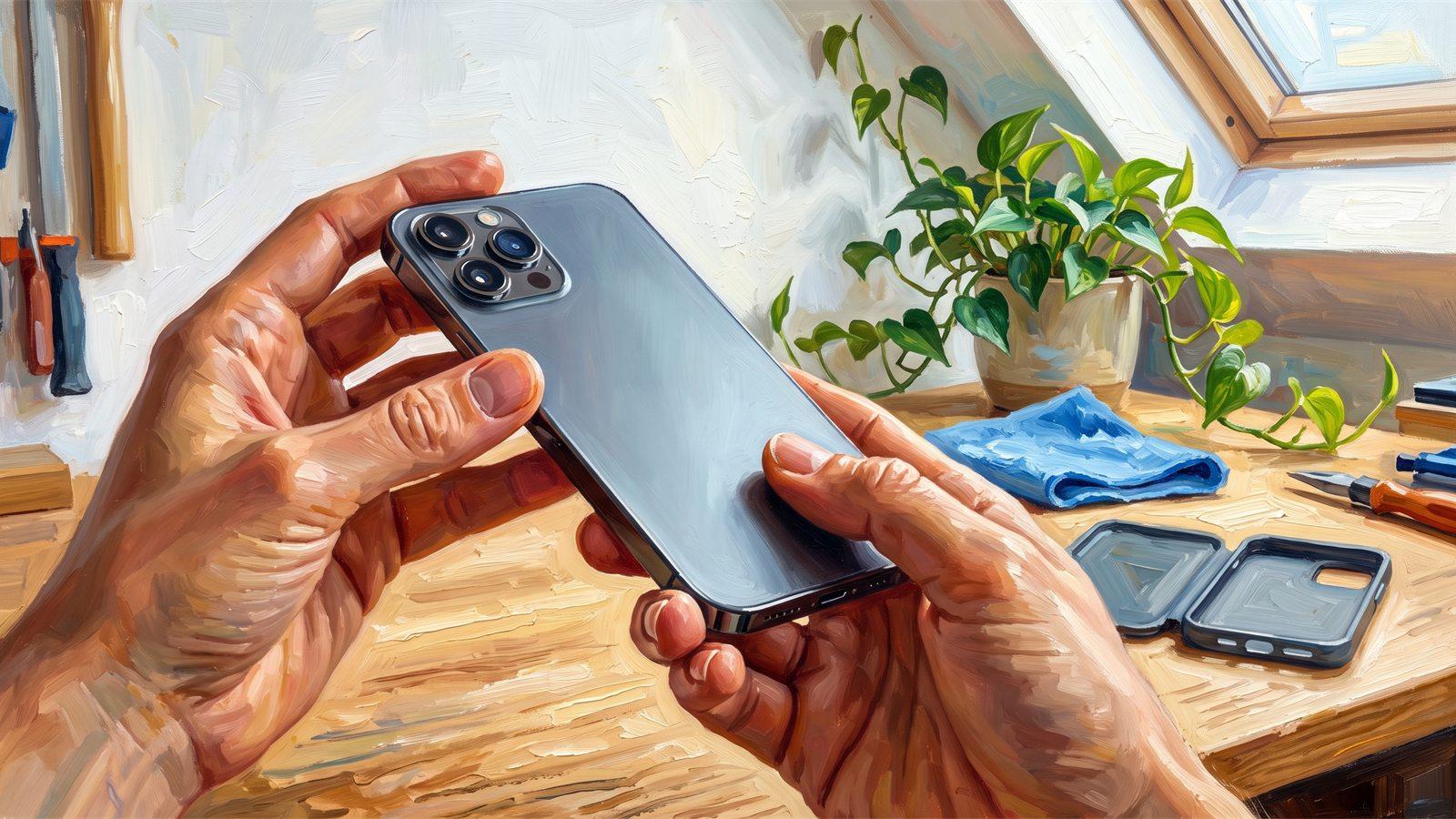 Deux mains examinent le dos et la tranche d'un smartphone sur une table d'atelier